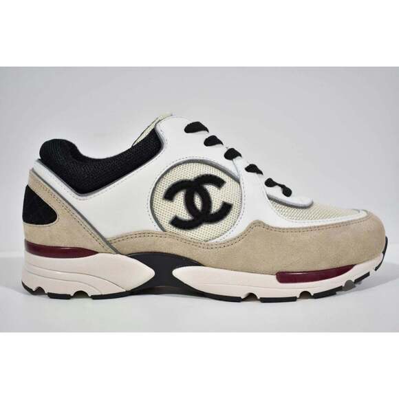 Chanel 22S White Ivory Beige Black CC Logo Tie Flat Runner Trainer Sneaker 38 - Picture 1 of 11
